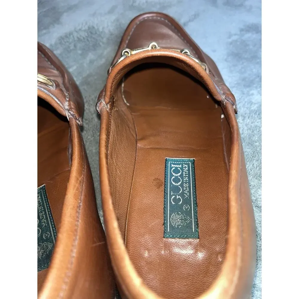 Vintage Gucci Mens 41D Horsebit Web Stripe Brown Leather Loafers Italy